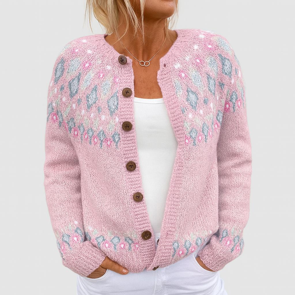 Sophie | Gilet en maille rose imprimé