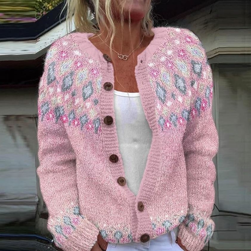 Sophie | Gilet en maille rose imprimé